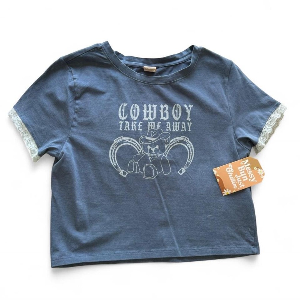 Blue Lace Baby Tee Cowboy Graphic